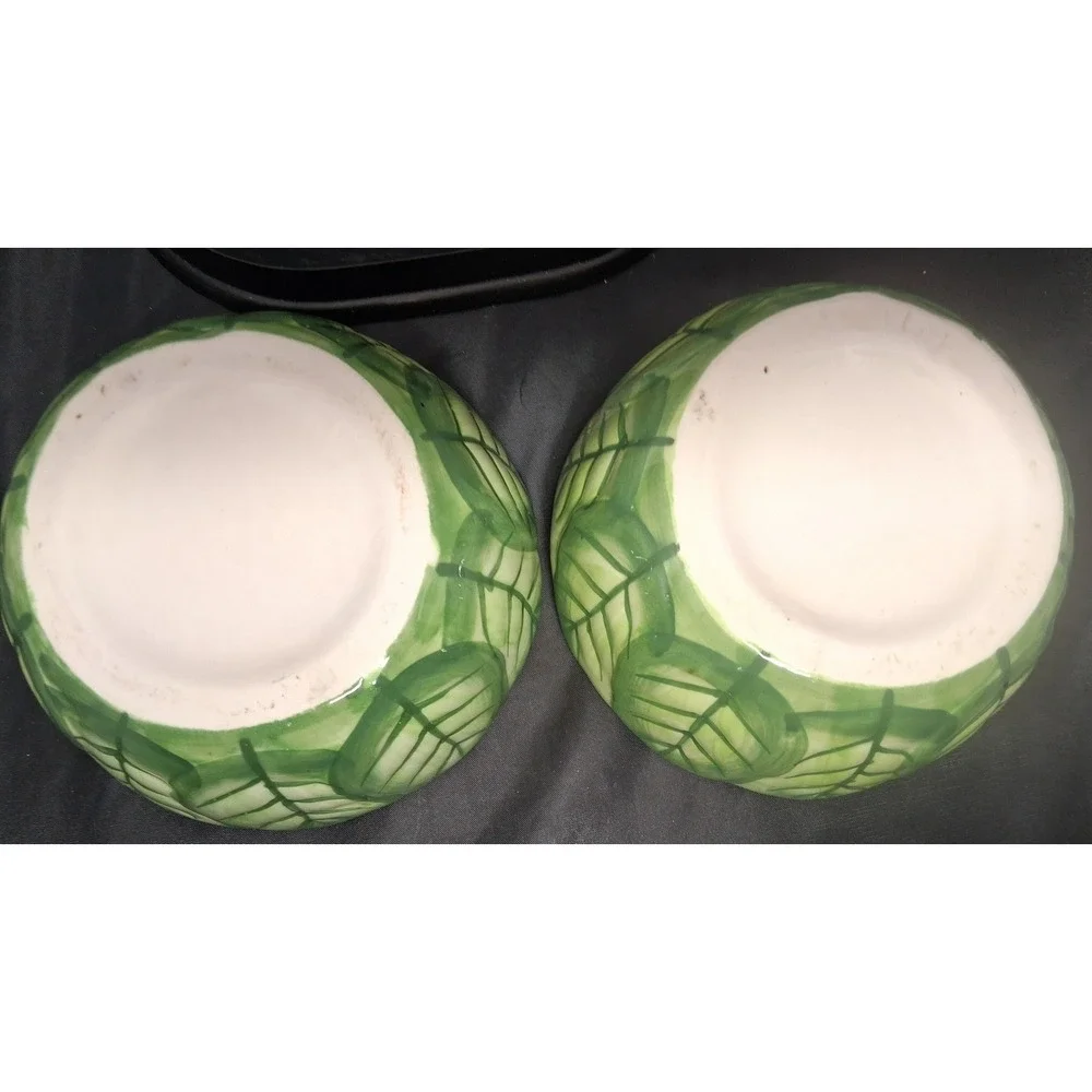 Set of 2 Ceramic Cabbage Leaf Bowls Green Scalloped Rim Hand Painted Bowls